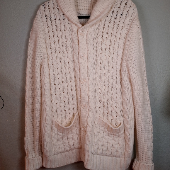Divided Wool Blend Classic Cable Knit Fisherman White Cardigan Elbow Patches L - Picture 2 of 9